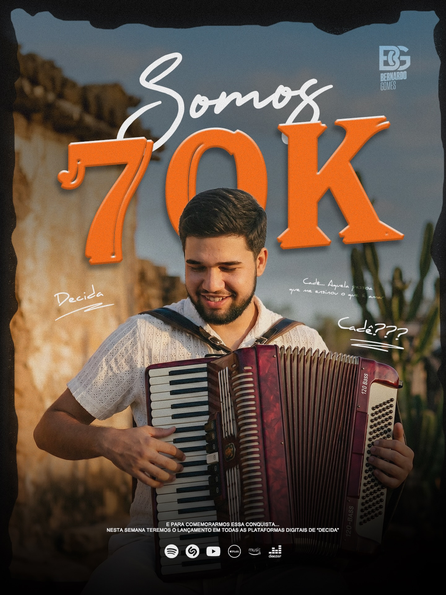 Peça de conteúdo de Bernardo Gomes celebrando 70 mil seguidores